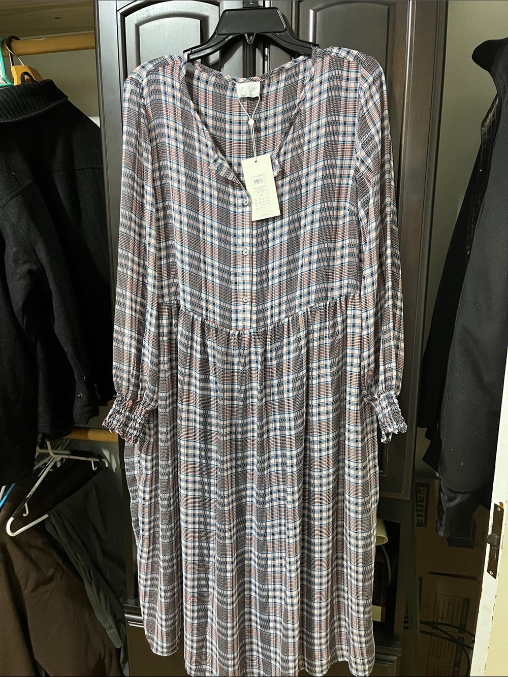 VILA Plaid Long-Sleeve Midi Dress in Brown, Gray and White